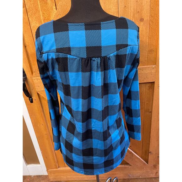 Women's Large Top Blue Black Printed Checkered Casual Tunic Blouse NWOT - Picture 6 of 8